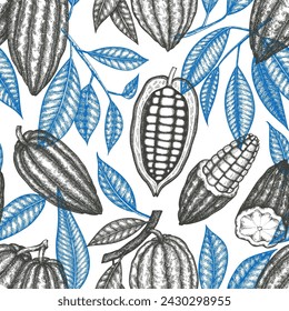 Cocoa Banner Vector Seamless Pattern. Chocolate Retro Cocoa Beans Background. Vintage Style Hand Drawn Illustration. 