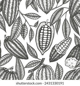 Cocoa Banner Vector Seamless Pattern. Chocolate Retro Cocoa Beans Background. Vintage Style Hand Drawn Illustration. 