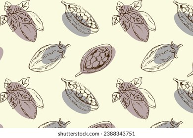 Cocoa or baobab beans, leaves - seamless pattern 