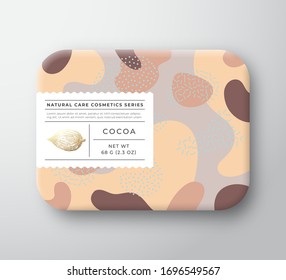 Cocoa Bath Cosmetics Package Box. Vector Wrapped Paper Container with Care Label Cover. Packaging Design. Modern Typography and Hand Drawn Bean. Abstract Camo Background Pattern Layout. Isolated.