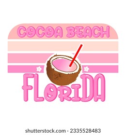 Gráfica de Cocoa Beach Florida para camiseta, impresiones. Emblema de estilo de los años 90. Escenario de viajes de verano retro, . Sello de Aventura para Surf.	
