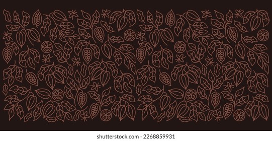 Cocoa bean background. Chocolate pack floral ornament. Beans and branches leaves. Editable outline stroke. Vector line.