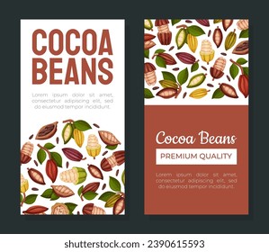 Cocoa Bean Banner Design with Brown Pod and Green Leaf Vector Template