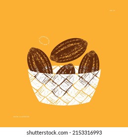 Cocoa bean in a basket textured illustration. Vintage style design template. Chocolate cacao bean.