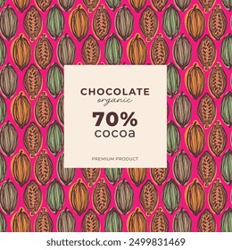 Ilustración texturizada botánica de grano de cacao. Plantilla de diseño de chocolate estilo Antiguas. Frijol de cacao con chocolate. Ilustración vectorial