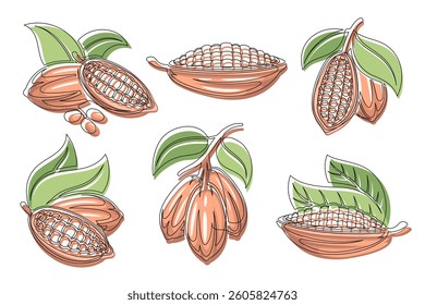 Cocoa bean brown plant continuous one line drawing icon set. Editable stroke. Outline cacao pod collections isolated on a white background. Vector illustration