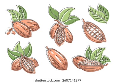 Cocoa bean brown plant continuous one line drawing icon set. Editable stroke. Outline cacao pod collections isolated on a white background. Vector illustration