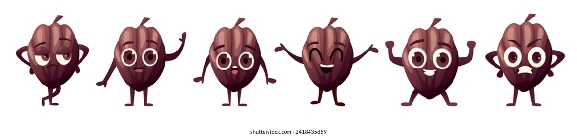 Cocoa bean character. Funny cocoas children mascots. Positive and negative choco beans. Sweets raw ingredients nowaday vector characters