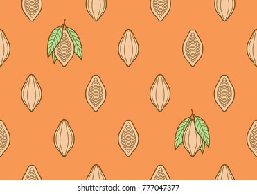 Cocoa bean chocolate pattern. Seamless backgroud for a chocolate package paper. Cocoa bean wrapping paper. Cute vintage style pink / orange tropical fruit backgroud. Raw natural diet vector image