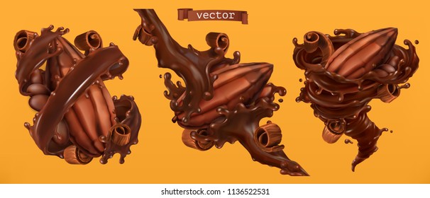 Cocoa bean and chocolate shavings with splashes. 3d realistic vector