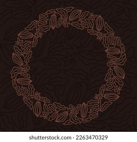 Cocoa bean circle frame background. Beans and branches leaves of plant. Editable outline stroke. Vector line.