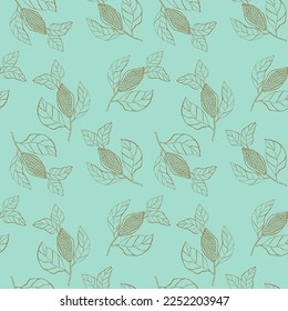 Cocoa bean doodle branch with grains and leaves pattern seamless blue with brown.