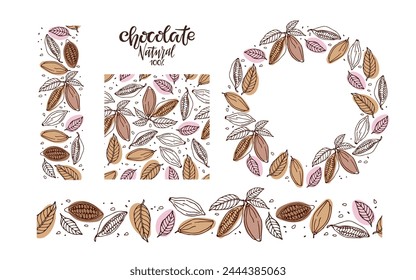 Cocoa bean frame set. Round Chocolate frame seamless pattern, seamless borders. Doodle Outline vector illustrations. Chocolate handwritten lettering logo, emblem, badge or label with cocoa bean.