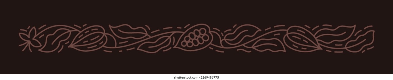 Cocoa bean horizontal line ornament. Chocolate pack background. Beans and branches leaves. Vector editable outline stroke.