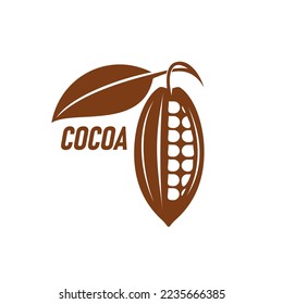 Cocoa bean icon. Cafe cacao drink or sweet beverage desert menu symbol or graphic label, organic farm vector icon or sign or emblem with brown tropical cocoa fruit seeds and leaf