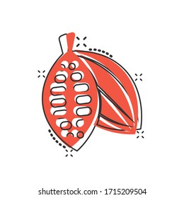 Cocoa bean icon in comic style. Chocolate cream cartoon vector illustration on white isolated background. Nut plant splash effect business concept.