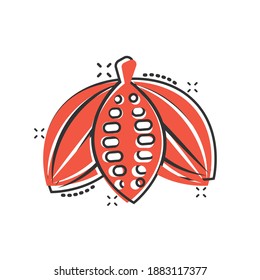 Cocoa bean icon in comic style. Chocolate cream cartoon vector illustration on white isolated background. Nut plant splash effect business concept.