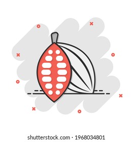 Cocoa bean icon in comic style. Chocolate cream cartoon vector illustration on white isolated background. Nut plant splash effect business concept.