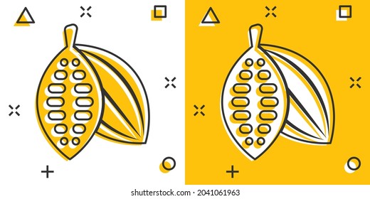 Icono de frijol de cacao al estilo cómico. Dibujo vectorial de la caricatura de crema de chocolate sobre fondo blanco aislado. Concepto de negocio de efecto de salpicadura de plantas de nueces.