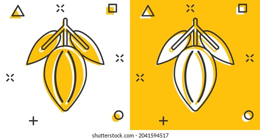 Cocoa bean icon in comic style. Chocolate cream cartoon vector illustration on white isolated background. Nut plant splash effect business concept.