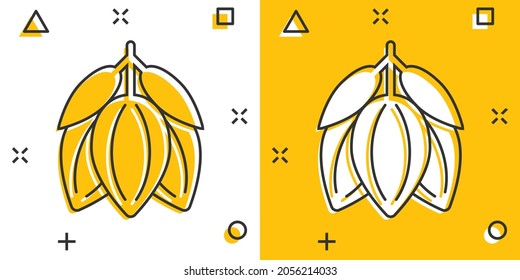 Cocoa bean icon in comic style. Chocolate cream cartoon vector illustration on white isolated background. Nut plant splash effect business concept.