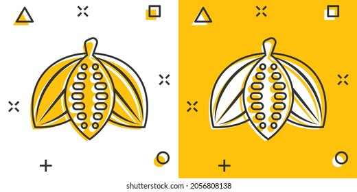 Cocoa bean icon in comic style. Chocolate cream cartoon vector illustration on white isolated background. Nut plant splash effect business concept.