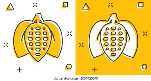 Cocoa bean icon in comic style. Chocolate cream cartoon vector illustration on white isolated background. Nut plant splash effect business concept.
