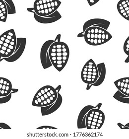 Cocoa Bean Icon In Flat Style. Chocolate Cream Vector Illustration On White Isolated Background. Nut Plant Seamless Pattern Business Concept.