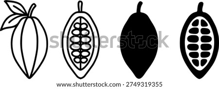 Cocoa bean illustration icon, in outline and silhouette design