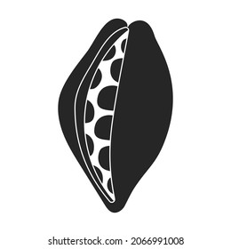 Cocoa bean isolated black illustration icon. Vector illustration chocolate fruit on white background. Vector black icon cocoa bean.