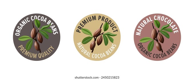 Cocoa bean label, 3D. A branch of cocoa beans with text in a circle. For food product design concepts, packaging, and tasty sweet food products. Vector illustration.