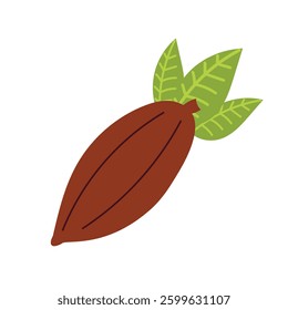 Cocoa bean, organic chocolate ingredient, natural cocoa pod, chocolate production element, tropical fruit. Flat vector illustration isolated on white background.