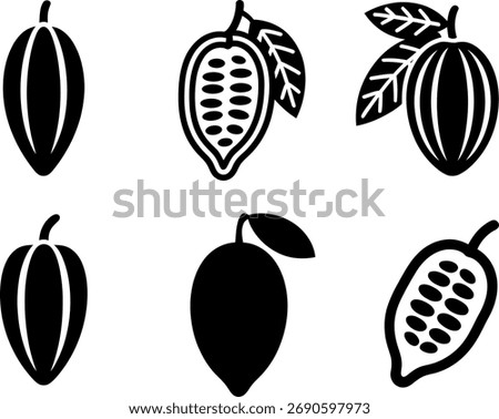 Cocoa bean plant vector icons cacao fruit and leaves set
