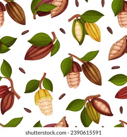 Cocoa Bean Seamless Pattern Design with Brown Pod and Green Leaf Vector Template
