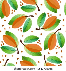 Cocoa bean seamless pattern, plant, leaves. Chocolate. eps10 vector stock illustration