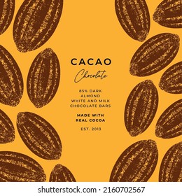 Ilustración texturada de frijol de cacao. Plantilla de diseño de chocolate de estilo vintage. Grano de cacao de chocolate