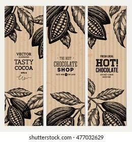 Cocoa bean tree banner collection. Design templates. Engraved style illustration. Chocolate cocoa beans. Vector illustration