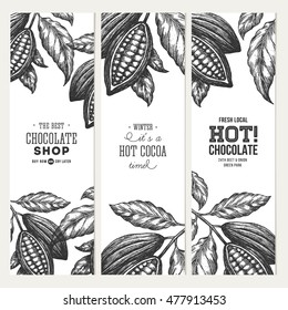 Cocoa bean tree banner collection. Design templates. Engraved style illustration. Chocolate cocoa beans. Vector illustration