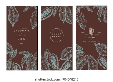 Cocoa bean tree banner collection or packaging design. Design templates. Engraved style illustration. Chocolate cocoa beans. Vector illustration