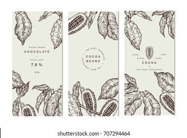 Cocoa bean tree banner collection or packaging design. Design templates. Engraved style illustration. Chocolate cocoa beans. Vector illustration
