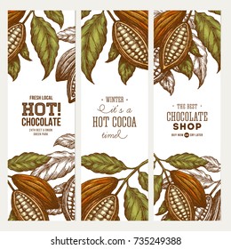 Cocoa bean tree banner collection. Engraved style illustration. Chocolate cocoa beans. Vector illustration