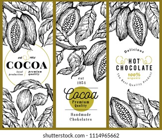 Cocoa bean tree banner template set. Chocolate cocoa beans background. Vector hand drawn illustration. Vintage style illustration.