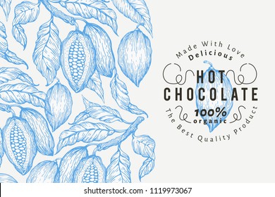 Cocoa bean tree banner template. Chocolate cocoa beans background. Vector hand drawn illustration. Retro style illustration.