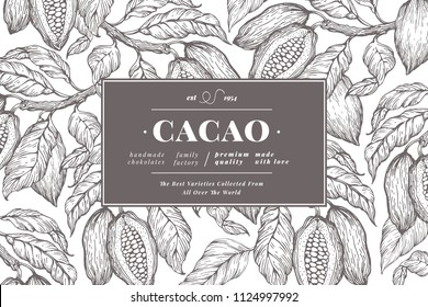 Cocoa bean tree banner template. Chocolate cocoa beans background. Vector hand drawn illustration. Vintage style illustration.