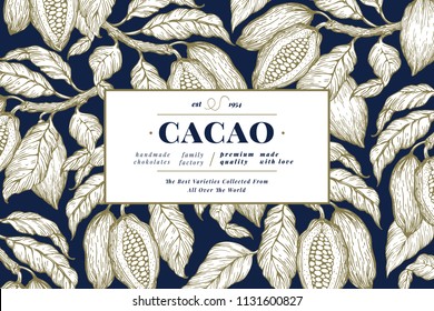 Cocoa bean tree banner template. Chocolate cocoa beans background. Vector hand drawn illustration. Retro style illustration.