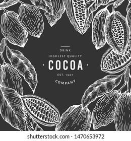 Cocoa bean tree banner template. Chocolate cocoa beans background. Vector hand drawn illustration on chalk board. Vintage style illustration.