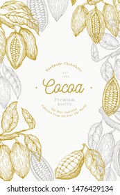 Cocoa bean tree banner template. Chocolate cocoa beans background. Vector hand drawn illustration. Vintage style illustration.