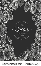 Cocoa bean tree banner template. Chocolate cocoa beans background. Vector hand drawn illustration on chalk board. Retro style illustration.