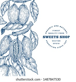 Cocoa bean tree banner template. Chocolate cocoa beans background. Vector hand drawn illustration on chalk board. Vintage style illustration.