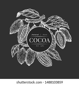 Cocoa bean tree banner template. Chocolate cocoa beans background. Vector hand drawn illustration on chalk board. Vintage style illustration.